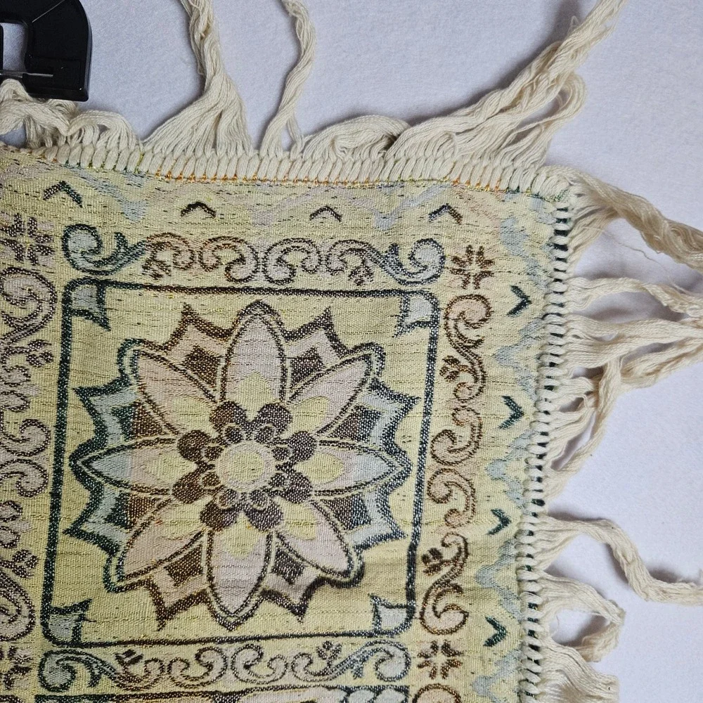 Vtg Spanish Moorish Jacquard Tapestry Metallic Floral Fringe Brocade Arabic